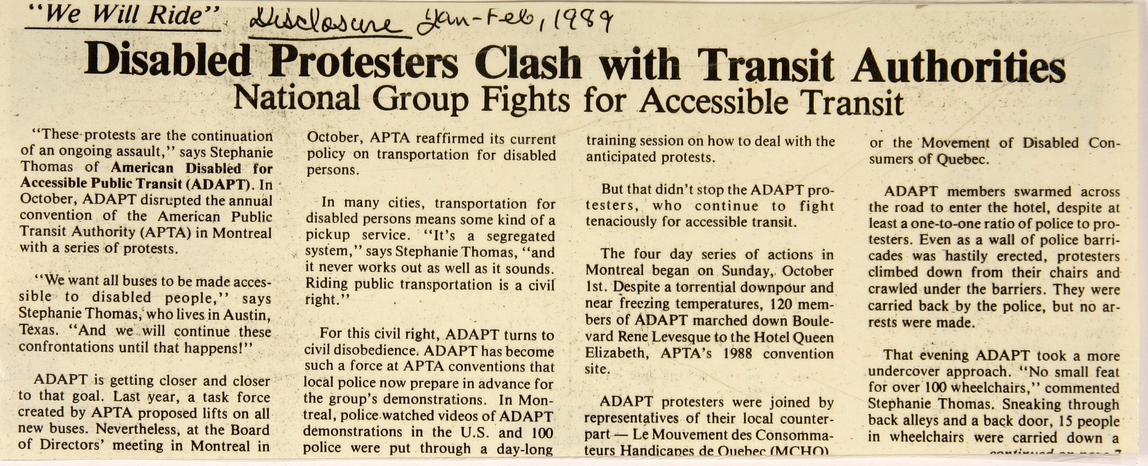 ADAPT A newspaper piece from 1989, an article about ADAPT.